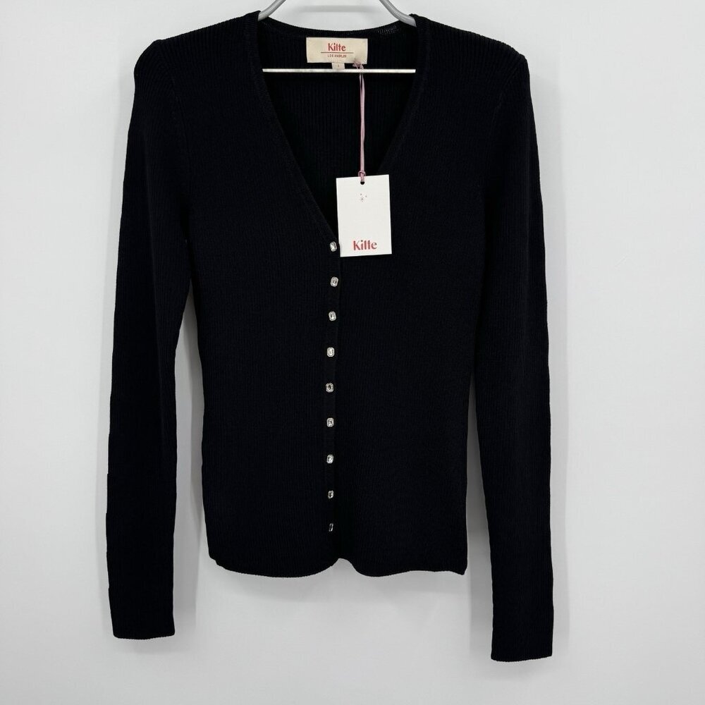 Kilte Collection The Katherine Rib Knit Cardigan size 1 S Black Rayon